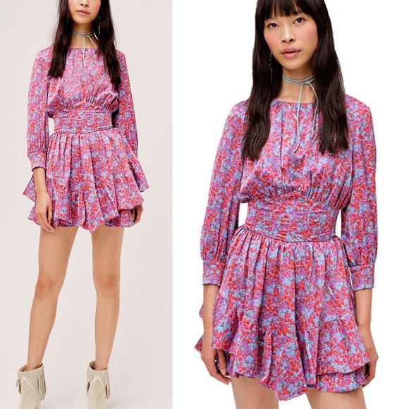 For Love And Lemons Dresses & Skirts - FOR LOVE AND LEMONS Shiloh red purple floral bloom ruffle mini dress